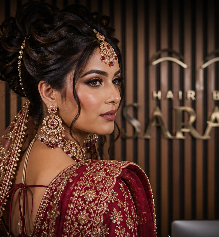 Bridal hair styling at Hair by Sarah — elegant updo with traditional jewellery