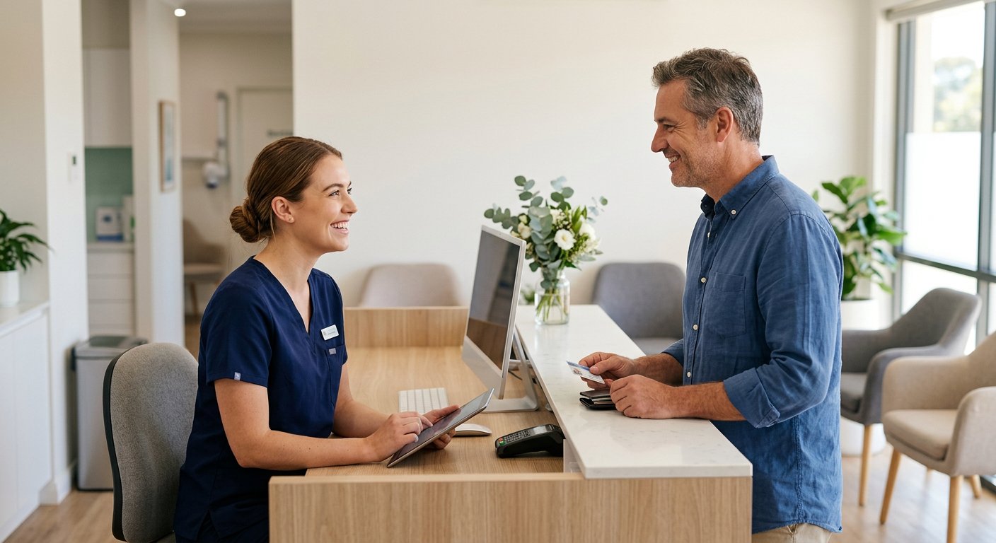 Front desk team welcoming a new patient at Jay Keltner DDS, P.C.